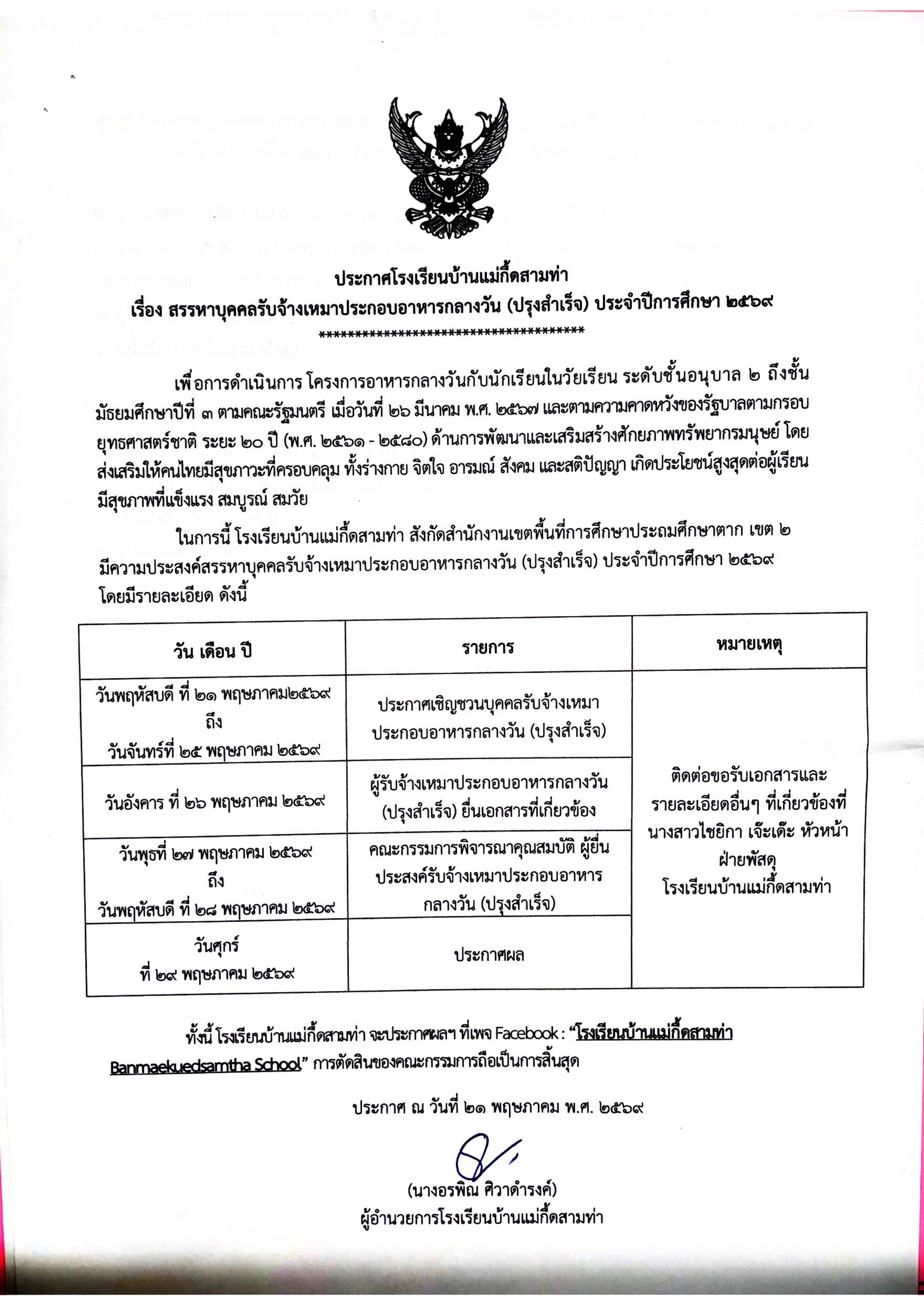 ประกาศ เรื่อง สรรหาบุคคลรับจ้างเหมาประกอบอาหารกลางวัน (ปรุงสำเร็จ) ประจำปีการศึกษา 2569